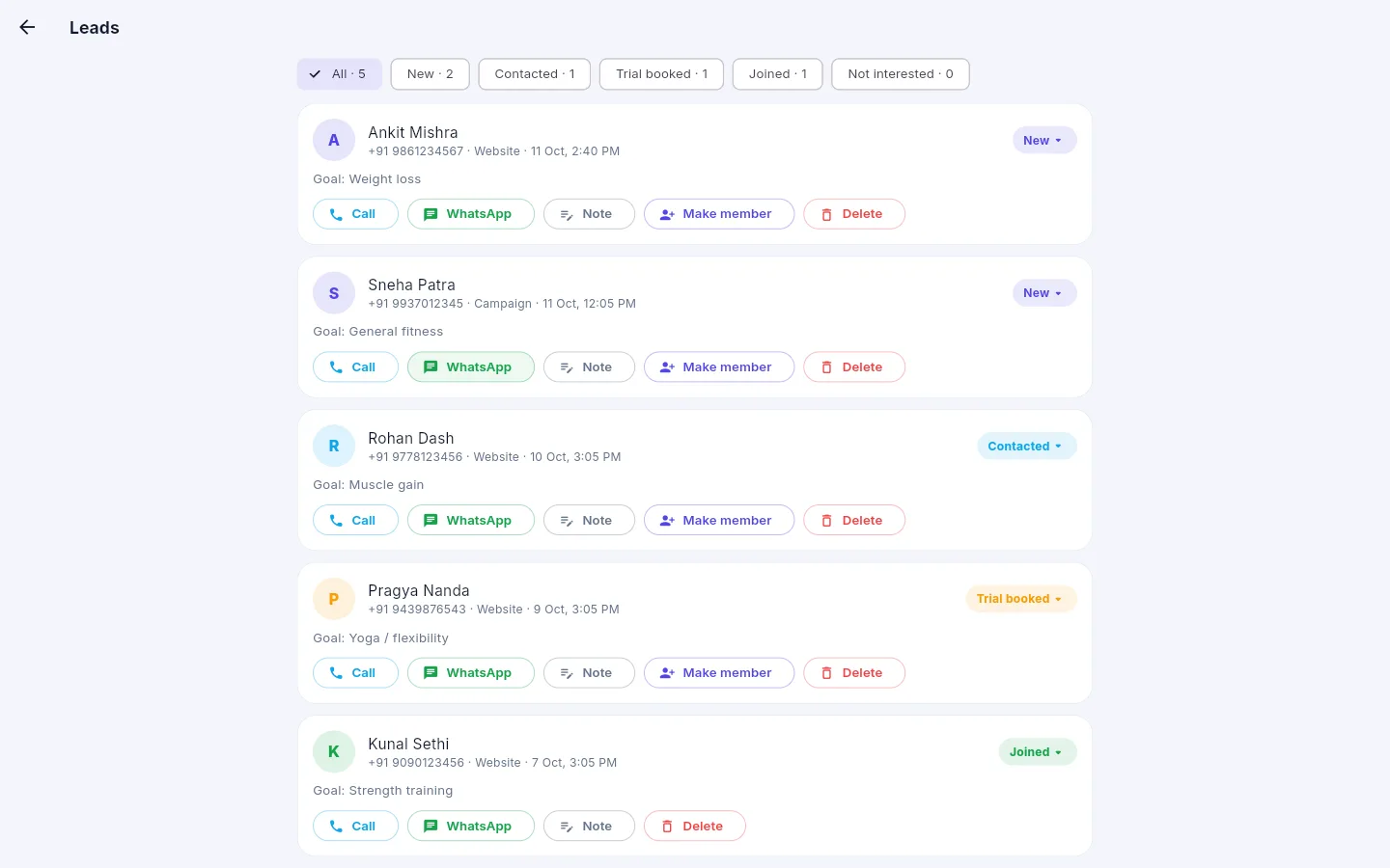 Leads from the website, one tap to call or WhatsApp