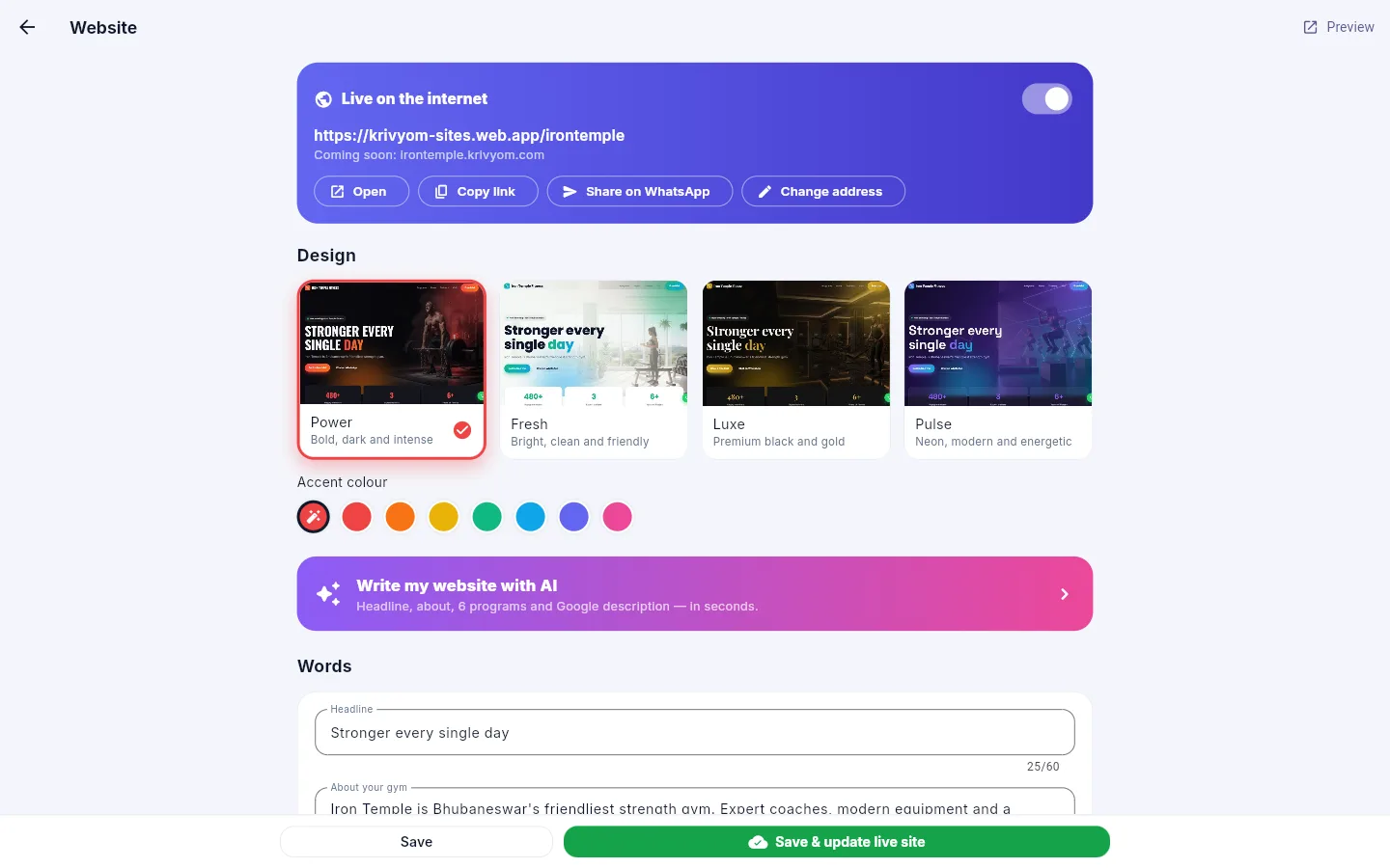 Website builder with 4 animated designs